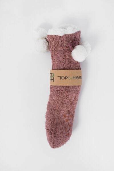 İçi Peluş Kaydırmaz Taban Ponponlu Kışlık Ev Çorabı / Ev Botu / Uyku Çorabı