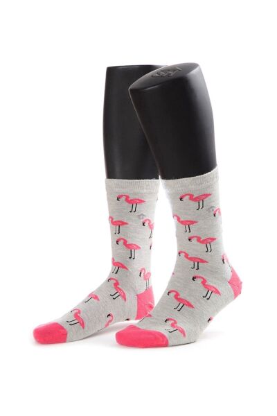 Kadın Gri Flamingo Desenli Çorap