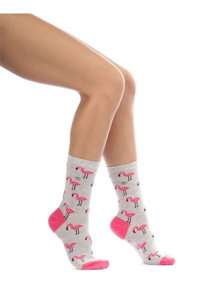 Kadın Gri Flamingo Desenli Çorap