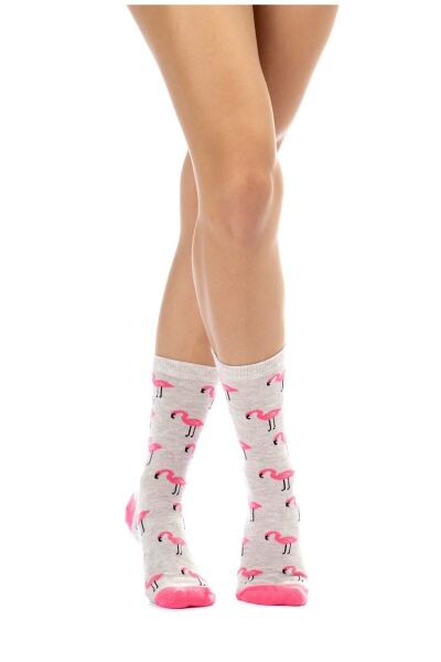 Kadın Gri Flamingo Desenli Çorap