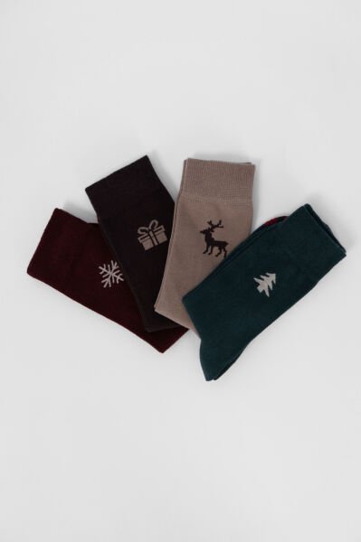 4'lü Set Pamuk Unisex Çorap - Soket - Dikişsiz - Yumuşak Çorap - Yılbaşı Koleksiyonu